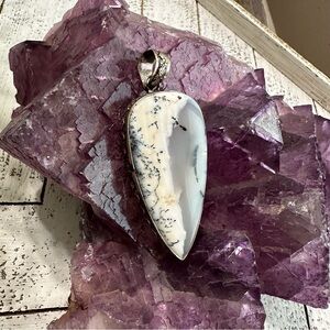 Dendritic Opal Sterling Silver Plates Teardrop Pendant Black White Agate